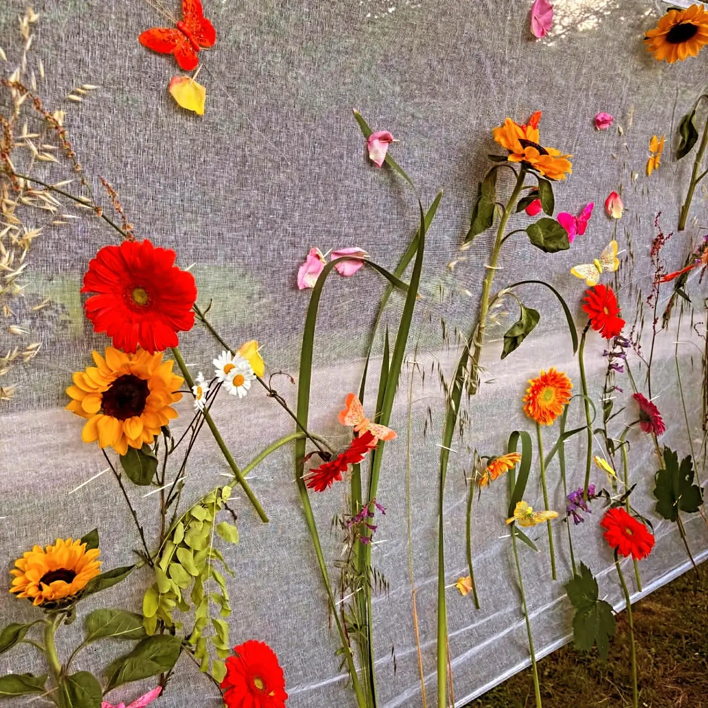 Détail d’un mur fleuri participatif : gerberas, tournesols et papillons sur un voilage.