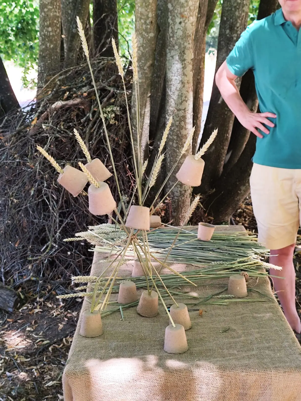 Graminées et petits pots en terre posés sur une table en toile de jute, sous les arbres.